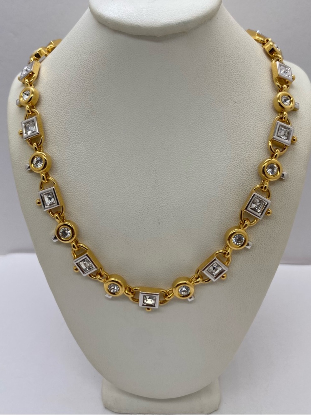 Vintage Two-Tone Gold and Silver Crystal Link Necklace